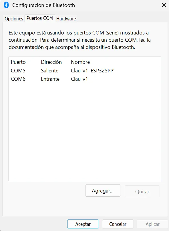 Ventana de configuración bluetooth